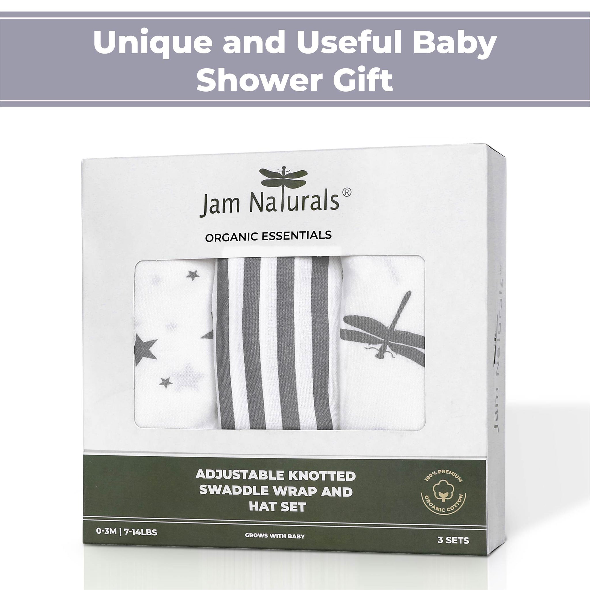 Jam Naturals Organic Essentials Original Tie Bottom Adjustable Swaddle Wrap and Hat Set Grey